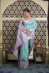 Shubh Lakshmi 2.0 ~ Handloom High Quality Pure Soft Silk Saree in Sea Blue and Lilac (Silk Mark Certified) - verymuchindian.com