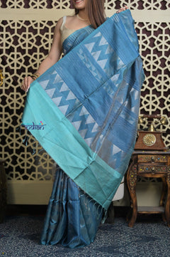 Shubh Lakshmi 2.0 ~ Handloom High Quality Pure Soft Silk Saree in Steel Blue (Silk Mark Certified) - verymuchindian.com