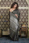 Shubh Lakshmi 2.0 ~ Handloom High Quality Pure Soft Silk Saree in Taupe and Silver (Silk Mark Certified) - verymuchindian.com