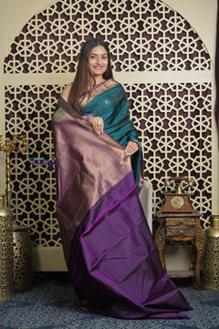 Shubh Lakshmi 2.0 ~ Handloom High Quality Pure Soft Silk Saree in Teal Green and Purple (Silk Mark Certified) - verymuchindian.com