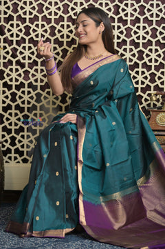 Shubh Lakshmi 2.0 ~ Handloom High Quality Pure Soft Silk Saree in Teal Green and Purple (Silk Mark Certified) - verymuchindian.com