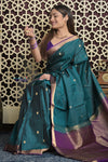 Shubh Lakshmi 2.0 ~ Handloom High Quality Pure Soft Silk Saree in Teal Green and Purple (Silk Mark Certified) - verymuchindian.com