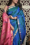 Shubh Lakshmi 2.0 ~ Handloom High Quality Pure Soft Silk Saree in Ultramarine Blue and Pink (Silk Mark Certified) - verymuchindian.com