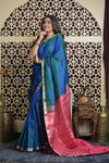 Shubh Lakshmi 2.0 ~ Handloom High Quality Pure Soft Silk Saree in Ultramarine Blue and Pink (Silk Mark Certified) - verymuchindian.com