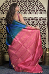 Shubh Lakshmi 2.0 ~ Handloom High Quality Pure Soft Silk Saree in Ultramarine Blue and Pink (Silk Mark Certified) - verymuchindian.com