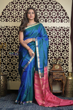 Shubh Lakshmi 2.0 ~ Handloom High Quality Pure Soft Silk Saree in Ultramarine Blue and Pink (Silk Mark Certified) - verymuchindian.com