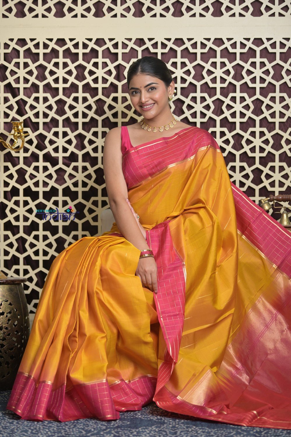 Shubh Lakshmi 2.0 ~ Handloom High Quality Pure Soft Silk Saree in Yellow and Pink (Silk Mark Certified) - verymuchindian.com