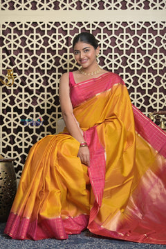 Shubh Lakshmi 2.0 ~ Handloom High Quality Pure Soft Silk Saree in Yellow and Pink (Silk Mark Certified) - verymuchindian.com
