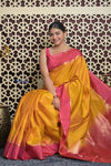 Shubh Lakshmi 2.0 ~ Handloom High Quality Pure Soft Silk Saree in Yellow and Pink (Silk Mark Certified) - verymuchindian.com