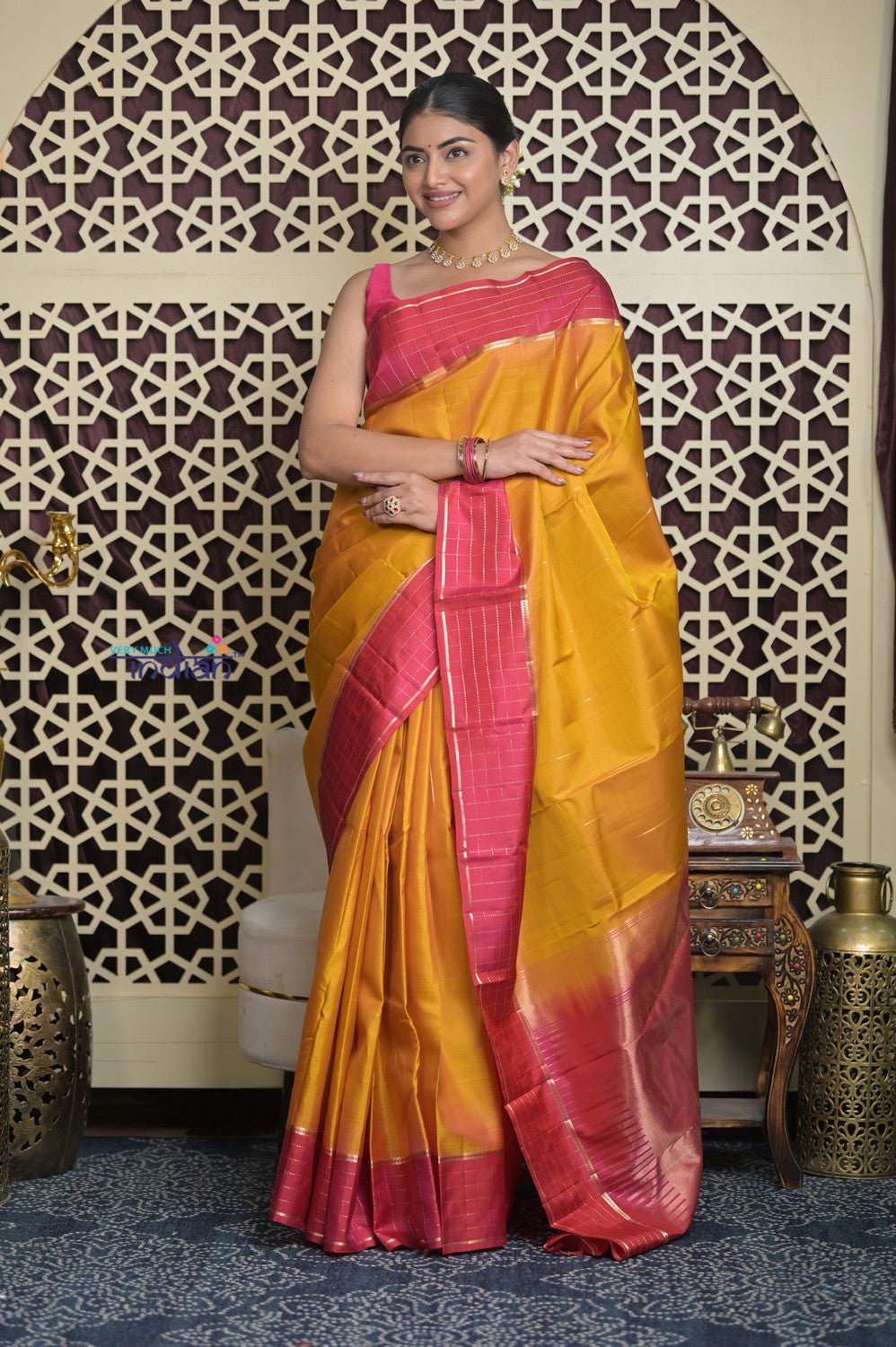 Shubh Lakshmi 2.0 ~ Handloom High Quality Pure Soft Silk Saree in Yellow and Pink (Silk Mark Certified) - verymuchindian.com