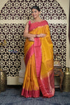 Shubh Lakshmi 2.0 ~ Handloom High Quality Pure Soft Silk Saree in Yellow and Pink (Silk Mark Certified) - verymuchindian.com
