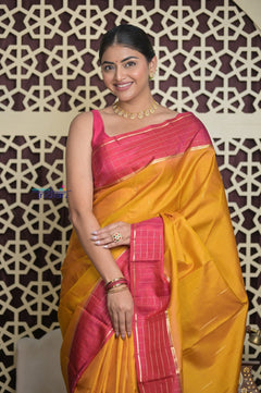 Shubh Lakshmi 2.0 ~ Handloom High Quality Pure Soft Silk Saree in Yellow and Pink (Silk Mark Certified) - verymuchindian.com