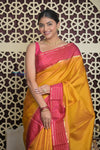 Shubh Lakshmi 2.0 ~ Handloom High Quality Pure Soft Silk Saree in Yellow and Pink (Silk Mark Certified) - verymuchindian.com