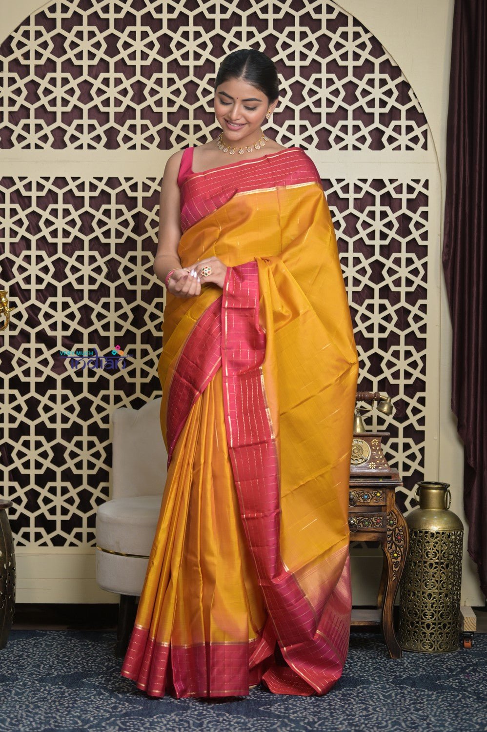 Shubh Lakshmi 2.0 ~ Handloom High Quality Pure Soft Silk Saree in Yellow and Pink (Silk Mark Certified) - verymuchindian.com