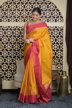 Shubh Lakshmi 2.0 ~ Handloom High Quality Pure Soft Silk Saree in Yellow and Pink (Silk Mark Certified) - verymuchindian.com