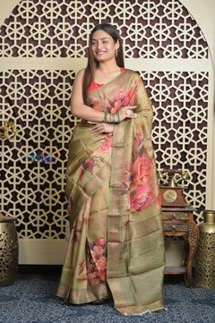 Shubh Lakshmi 2.0 ~ Handloom High Quality Pure Tussar Kota Saree in Pantone Olive (Silk Mark Certified) - verymuchindian.com