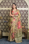Shubh Lakshmi 2.0 ~ Handloom High Quality Pure Tussar Kota Saree in Pantone Olive (Silk Mark Certified) - verymuchindian.com