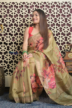 Shubh Lakshmi 2.0 ~ Handloom High Quality Pure Tussar Kota Saree in Pantone Olive (Silk Mark Certified) - verymuchindian.com