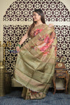 Shubh Lakshmi 2.0 ~ Handloom High Quality Pure Tussar Kota Saree in Pantone Olive (Silk Mark Certified) - verymuchindian.com