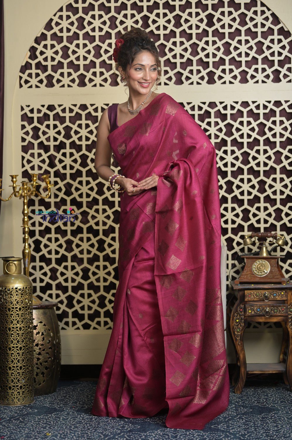 Shubh Lakshmi 2.0 ~ Handloom High Quality Pure Tussar Silk Saree in Magenta Pink (Silk Mark Certified) - verymuchindian.com