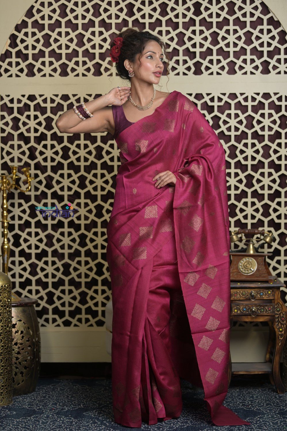 Shubh Lakshmi 2.0 ~ Handloom High Quality Pure Tussar Silk Saree in Magenta Pink (Silk Mark Certified) - verymuchindian.com