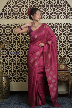 Shubh Lakshmi 2.0 ~ Handloom High Quality Pure Tussar Silk Saree in Magenta Pink (Silk Mark Certified) - verymuchindian.com
