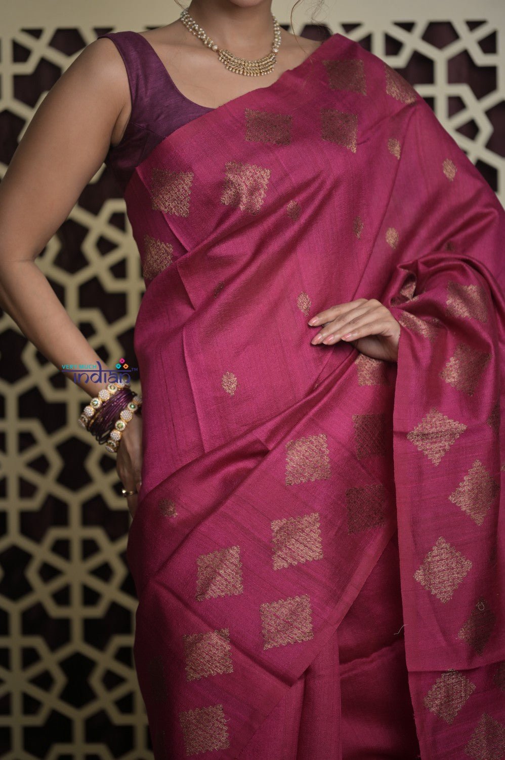 Shubh Lakshmi 2.0 ~ Handloom High Quality Pure Tussar Silk Saree in Magenta Pink (Silk Mark Certified) - verymuchindian.com
