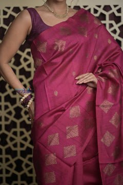 Shubh Lakshmi 2.0 ~ Handloom High Quality Pure Tussar Silk Saree in Magenta Pink (Silk Mark Certified) - verymuchindian.com