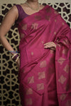 Shubh Lakshmi 2.0 ~ Handloom High Quality Pure Tussar Silk Saree in Magenta Pink (Silk Mark Certified) - verymuchindian.com