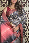 Shubh Lakshmi 2.0 ~ Handloom High Quality Pure Tussar Silk Saree with Digital Print in Black and White (Silk Mark Certified) - verymuchindian.com