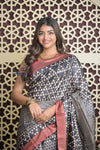 Shubh Lakshmi 2.0 ~ Handloom High Quality Pure Tussar Silk Saree with Digital Print in Black and White (Silk Mark Certified) - verymuchindian.com