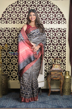 Shubh Lakshmi 2.0 ~ Handloom High Quality Pure Tussar Silk Saree with Digital Print in Black and White (Silk Mark Certified) - verymuchindian.com