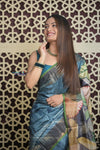 Shubh Lakshmi 2.0 ~ Handloom High Quality Pure Tussar Silk Saree with Digital Print in Ocean Blue - verymuchindian.com