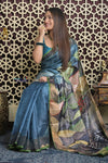 Shubh Lakshmi 2.0 ~ Handloom High Quality Pure Tussar Silk Saree with Digital Print in Ocean Blue - verymuchindian.com