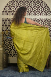 Shubh Lakshmi 2.0 ~ Handloom High Quality Pure Tussar Silk Saree with Kantha Embroidery in Lime Green (Silk Mark Certified) - verymuchindian.com