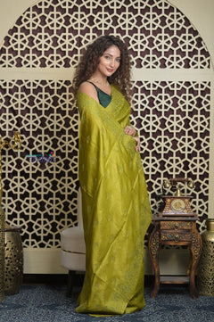 Shubh Lakshmi 2.0 ~ Handloom High Quality Pure Tussar Silk Saree with Kantha Embroidery in Lime Green (Silk Mark Certified) - verymuchindian.com