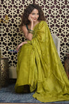 Shubh Lakshmi 2.0 ~ Handloom High Quality Pure Tussar Silk Saree with Kantha Embroidery in Lime Green (Silk Mark Certified) - verymuchindian.com
