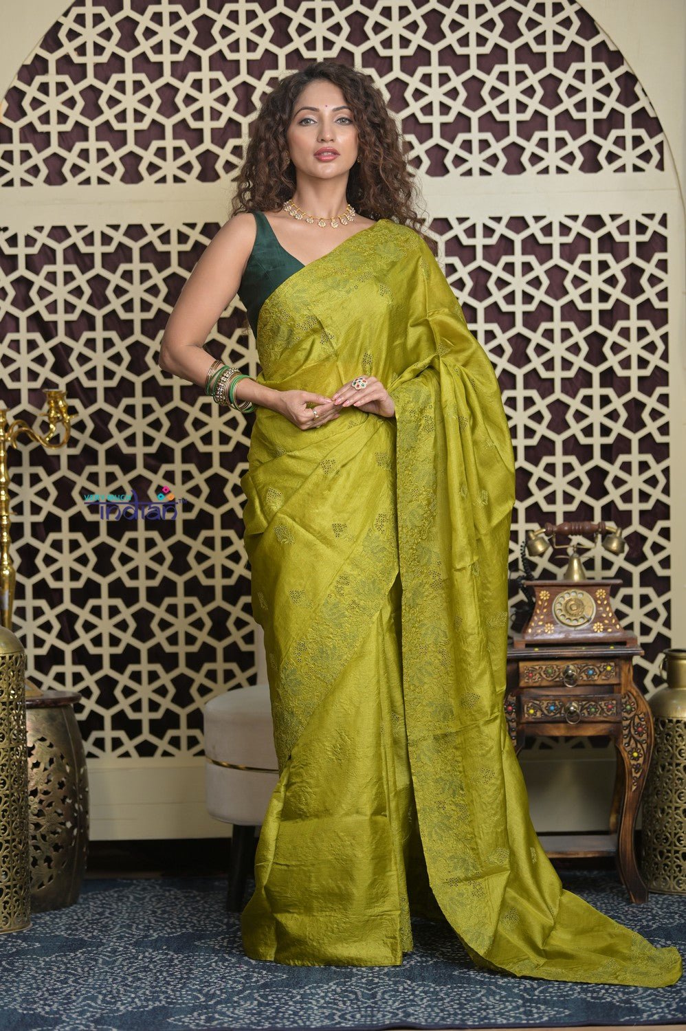 Shubh Lakshmi 2.0 ~ Handloom High Quality Pure Tussar Silk Saree with Kantha Embroidery in Lime Green (Silk Mark Certified) - verymuchindian.com