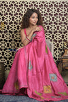 Shubh Lakshmi 2.0 ~ Handloom High Quality Pure Tussar Silk Saree with Kantha Embroidery in Pink (Silk Mark Certified) - verymuchindian.com