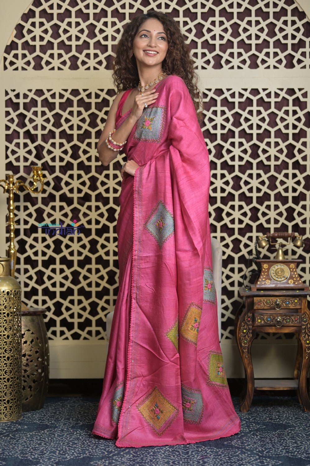 Shubh Lakshmi 2.0 ~ Handloom High Quality Pure Tussar Silk Saree with Kantha Embroidery in Pink (Silk Mark Certified) - verymuchindian.com