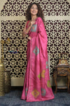 Shubh Lakshmi 2.0 ~ Handloom High Quality Pure Tussar Silk Saree with Kantha Embroidery in Pink (Silk Mark Certified) - verymuchindian.com