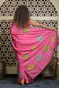Shubh Lakshmi 2.0 ~ Handloom High Quality Pure Tussar Silk Saree with Kantha Embroidery in Pink (Silk Mark Certified) - verymuchindian.com