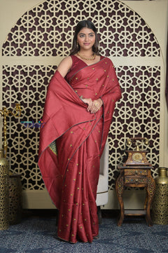 Shubh Lakshmi 2.0 ~ Handloom High Quality Pure Tussar Silk Saree with Kantha Embroidery in Rust (Silk Mark Certified) - verymuchindian.com