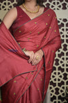 Shubh Lakshmi 2.0 ~ Handloom High Quality Pure Tussar Silk Saree with Kantha Embroidery in Rust (Silk Mark Certified) - verymuchindian.com