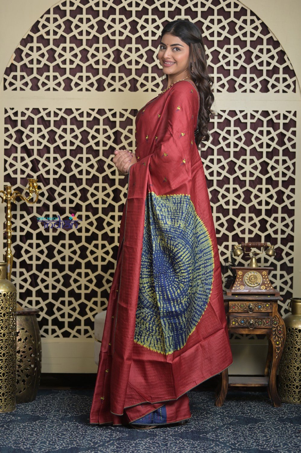 Shubh Lakshmi 2.0 ~ Handloom High Quality Pure Tussar Silk Saree with Kantha Embroidery in Rust (Silk Mark Certified) - verymuchindian.com