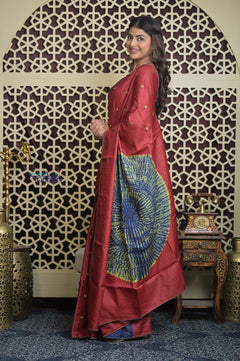 Shubh Lakshmi 2.0 ~ Handloom High Quality Pure Tussar Silk Saree with Kantha Embroidery in Rust (Silk Mark Certified) - verymuchindian.com