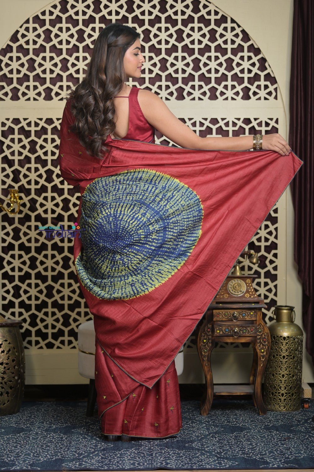 Shubh Lakshmi 2.0 ~ Handloom High Quality Pure Tussar Silk Saree with Kantha Embroidery in Rust (Silk Mark Certified) - verymuchindian.com