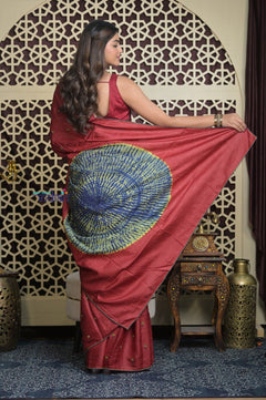 Shubh Lakshmi 2.0 ~ Handloom High Quality Pure Tussar Silk Saree with Kantha Embroidery in Rust (Silk Mark Certified) - verymuchindian.com