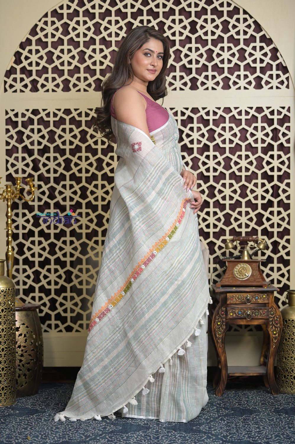 Shubh Lakshmi 2.0 ~ Handloom Linen Saree with Kantha Work in White and Sea Green - verymuchindian.com