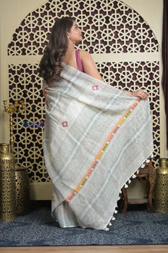 Shubh Lakshmi 2.0 ~ Handloom Linen Saree with Kantha Work in White and Sea Green - verymuchindian.com